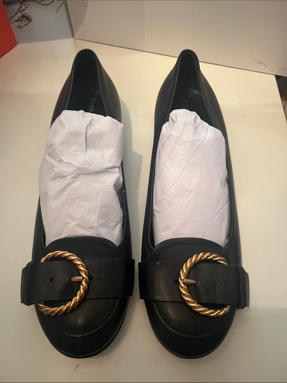 Miu Miu Black Leather Ballet Flats with Gold Rope Buckle